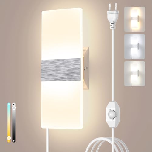 Sytmhoe Schlafzimmer Dimmbar Wandlampe Mit Schalter E27 Kabel, 12W 960LM Led Wandleuchte Innen 3000K 4500K 6000K Veränderbar Modern Silber Acryl Aluminium Für Kinderzimmer Wohnzimmer Hotel Wohnung von Sytmhoe