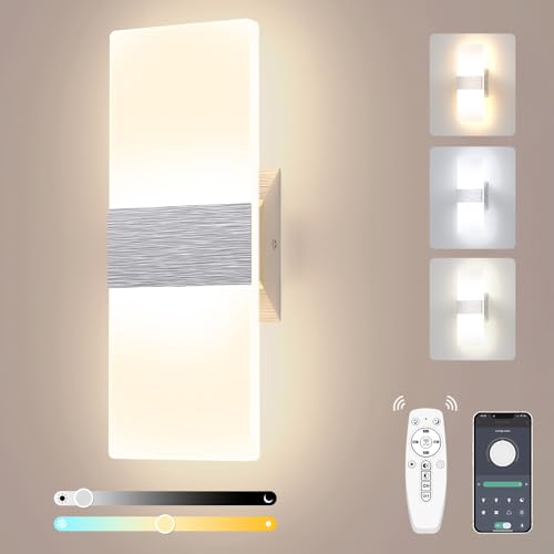 Sytmhoe Wandleuchte Dimmbar App-Steuerung Schlafzimmer Wohnzimmer 12W 960LM Acryl Wandlampe Mit Fernbedienung, AC 85-265V Wandleuchten Innen Treppen Eckwandlampe Wohnung Gang Led Wandlicht Silber von Sytmhoe
