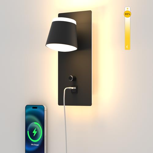 Sytmhoe Wandleuchte Dimmbar Mit Schalter Usb Type C Ladeanschluss, 16W 3000K Warmes Licht Hotel Wohnzimmer Schlafzimmer Wandlampe Drehbar, Treppen Schwarz Led Wandlichter Für Innen Acryl Modern Design von Sytmhoe