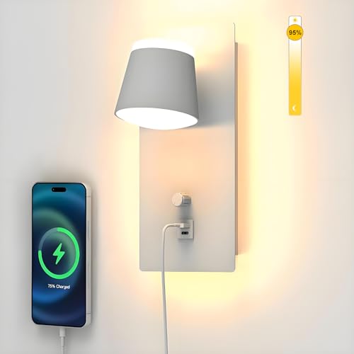 Sytmhoe Weiße Wandleuchte Mit Schalter USB Type C Ladeanschluss, 16W 3000K Dimmbar Led Wandlampe Innen Weiß, Aluminium Modern Bett Wandlicht Wandleselampe Für Schlafzimmer Wohnzimmer Treppe Wohnung von Sytmhoe