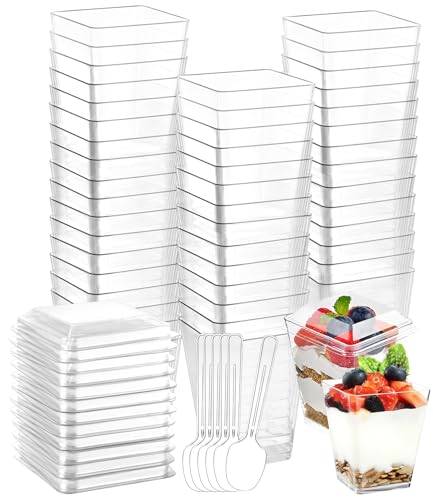 Syvory 50 Stück Dessertgläser Plastik,160ml Desserttassen mit Deckel und Löffeln, 50 Stück Dessertbecher Plastik Wiederverwendbar für Zuhause Desserts Pudding Mousse Eis Party von Syvory