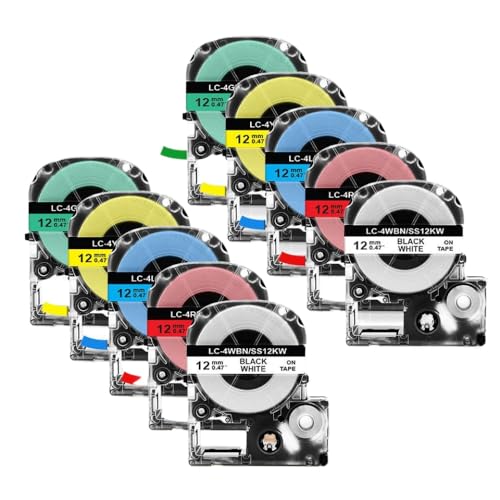 Sywchrf 5pk 10pk SS12KW Kompatible Etikettenklebebandkleber 12 mm Kompatibel mit LW-300 LW-400 Label Maker arbeitet mit Kingjim SC12YW Labels(10PK 5Mixed Colors) von Sywchrf