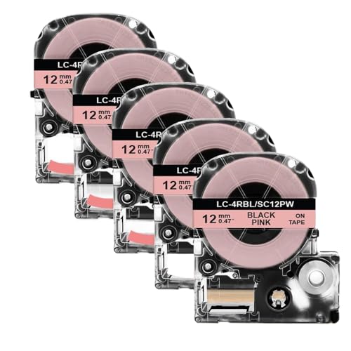 Sywchrf 5pk 10pk SS12KW Kompatible Etikettenklebebandkleber 12 mm Kompatibel mit LW-300 LW-400 Label Maker arbeitet mit Kingjim SC12YW Labels(5PK Black on Pink) von Sywchrf