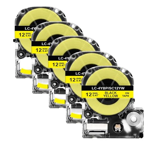 Sywchrf 5pk 10pk SS12KW Kompatible Etikettenklebebandkleber 12 mm Kompatibel mit LW-300 LW-400 Label Maker arbeitet mit Kingjim SC12YW Labels(5PK Black on Yellow) von Sywchrf