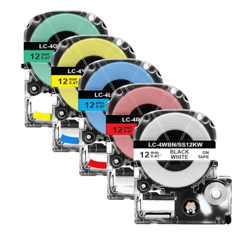 Sywchrf 5pk 10pk SS12KW Kompatible Etikettenklebebandkleber 12 mm Kompatibel mit LW-300 LW-400 Label Maker arbeitet mit Kingjim SC12YW Labels(5PK Mixed Colors) von Sywchrf