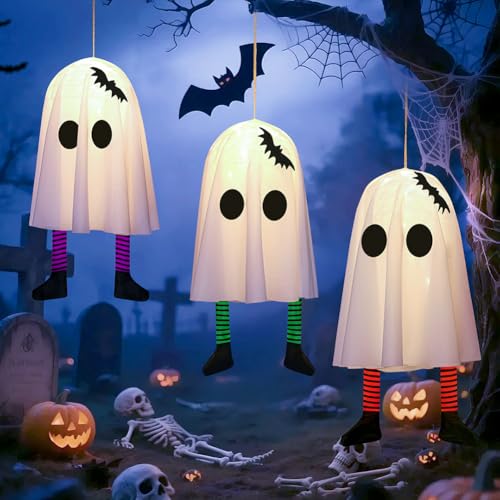3 Stück Halloween Dekor Set:Hängendes Geisterlicht & LED Leuchtende Fledermaus Hexe mit 3 Modi für Innen Außen Garten Rasen Veranda Baum Dekor 1 Pack von Syzplnwy
