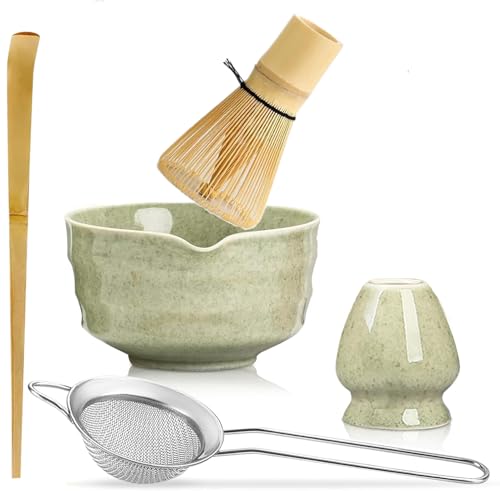 Premium 5-teiliges Matcha-Schneebesen Set aus Bambus mit Bambus-Schneebesen, Keramikschale, Matcha-Sieb, Schaufel & Halter, komplettes Matcha-Teezeremonie-Set für Anfänger & Enthusiasten von Syzplnwy