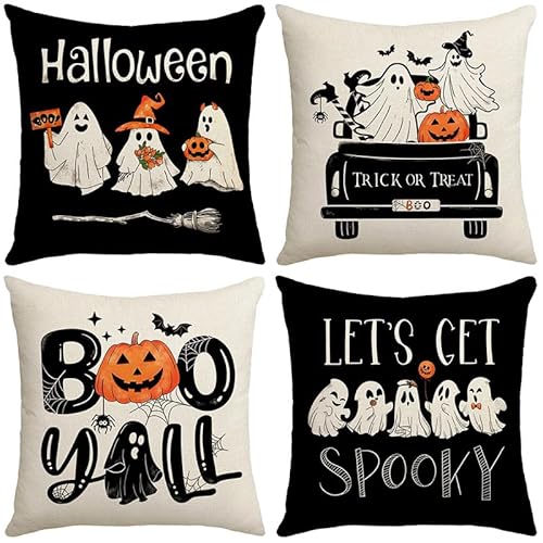 Set mit 4 Halloween-Kissenbezügen, 45,7 x 45,7 cm – Schwarz-Weiß-Geister-Kürbis-Kissenbezüge für Innen- und Außenbereich, Sofa, Bett, Auto-Dekoration Set mit 4 Halloween-Kissenbezügen, 45,7 x 45,7 cm – Schwarz-Weiß-Geister-Kürbis-Kissenbezüge für Innen- und Außenbereich, Sofa, Bett, Auto-Dekoration von Syzplnwy