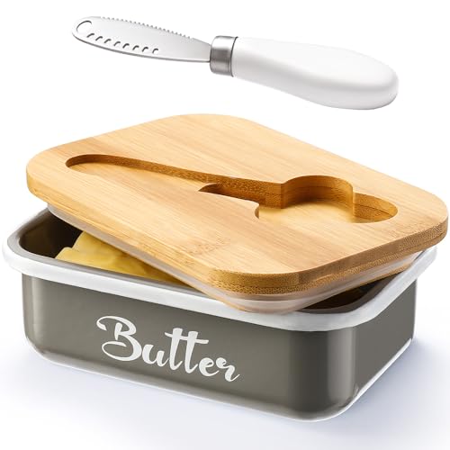 Syzplnwy Butterdose aus Edelstahl mit Deckel & Mehrzweckmesser - Rostfreier Butterbehälter für die Arbeitsplatte, luftdichter Behälter für Aufstriche, Käse (Grau) von Syzplnwy
