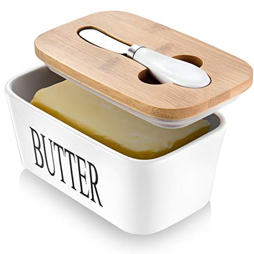 Syzplnwy Butterdose aus Keramik mit Deckel & Messer - Großer Butterbehälter für die Arbeitsplatte, Silikonversiegelter Behälter für frische streichbare Butter, elegantes Küchengeschenk (Weiß) von Syzplnwy
