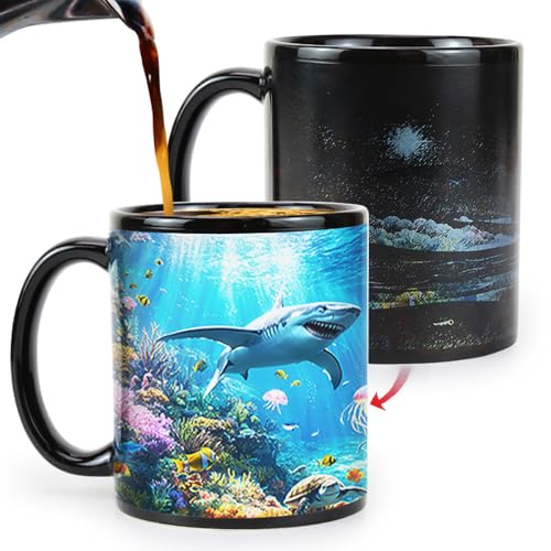 Syzplnwy Magic Ocean Shark Farbwechsel-Tasse, wärmeaktivierte Keramiktasse enthüllt Unterwasserwelt, Geschenk 350 ml Syzplnwy Magic Ocean Shark Farbwechsel-Tasse, wärmeaktivierte Keramiktasse enthüllt Unterwasserwelt, Geschenk 350 ml von Syzplnwy