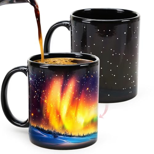 Syzplnwy Northern Lights Magic Mug, Aurora Borealis Farbwechselnde Keramiktasse, wärmeaktiviertes Design, Neuheit, Geschenk, 350 ml von Syzplnwy
