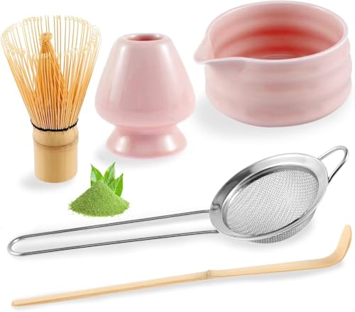 Traditionelles Matcha-Tee-Zeremonie-Set, Keramikschale, Bambus-Schneebesen, Geschenk-Set (Rosa) von Syzplnwy