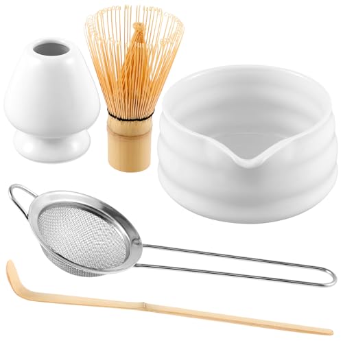 Traditionelles Matcha-Tee-Zeremonie-Set, Keramikschale, Bambus-Schneebesen, Geschenk-Set (weiß) von Syzplnwy
