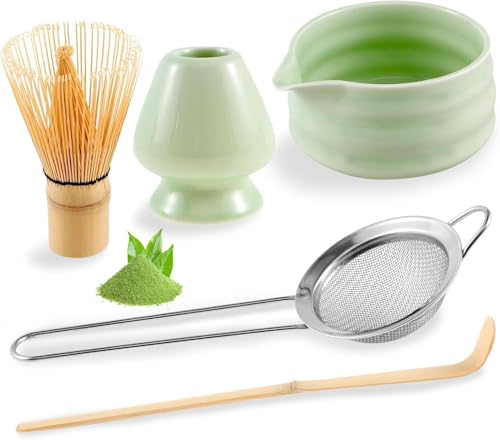 Traditionelles Matcha-Tee-Zeremonie-Set, Keramikschale, Bambus-Schneebesen, Geschenkset (grün) von Syzplnwy