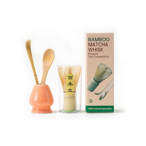 Traditionelles Matcha-Teezeremonie-Set, 4-teilig, mit 100 Zinken, Chasen-Schneebesen, Schaufel und Ständer (Rosarot) von Syzplnwy