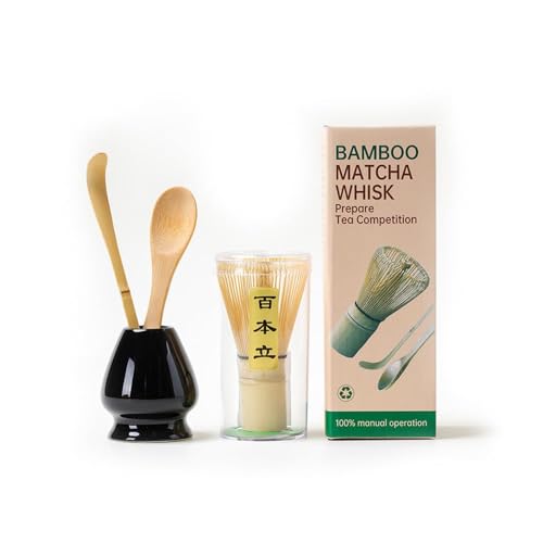 Traditionelles Matcha-Teezeremonie-Set, 4-teilig, mit 100 Zinken, Schneebesen, Schaufel und Ständer (glänzendes Schwarz) von Syzplnwy