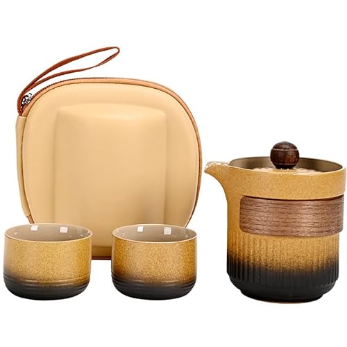 Tragbares schwarzes Keramik-Teeset: 1 Teekanne & 6 Tassen – perfekt für Reisen, Camping oder Büro – komplette elegante Geschenkbox – Gelb + Schwarz von Syzplnwy