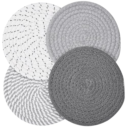 Szaboviktoria 4 Stück Topfuntersetzer, 18 cm Untersetzer Topf, Topfuntersetzer Hitzebeständig, Teekanne Untersetzer, Topfuntersetzer Filz, Runder Gewebter Topflappen, Für Schüsseln und Teller, Grau von Szaboviktoria