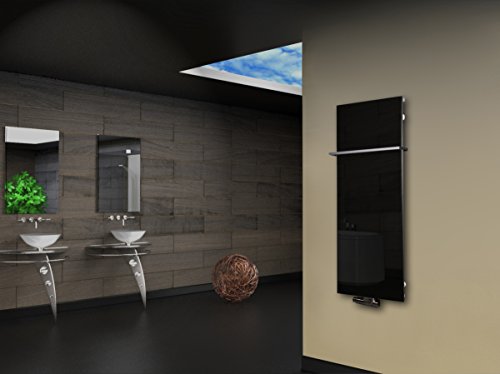 Badheizkörper mit Glas Design Montevideo 2 (Glasfront) 120x47cm 799 Watt schwarz (+1 Halter 15mm) SZAGATO Handtuchwärmer Handtuchtrockner Handtuchhalter Paneelheizkörper vertikal Mittelanschluß von Szagato