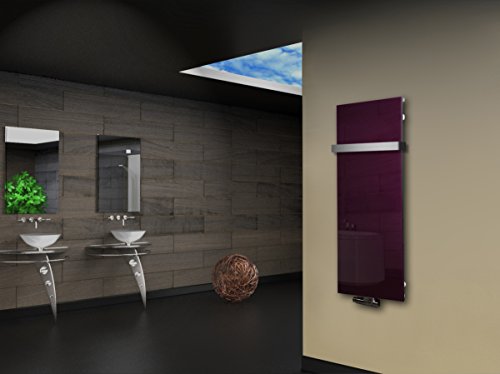 Badheizkörper mit Glas Design Montevideo 2 (Glasfront) 120x47cm 799 Watt violett (+1 Halter 50mm) SZAGATO Handtuchwärmer Handtuchtrockner Handtuchhalter Paneelheizkörper vertikal Mittelanschluß von Szagato