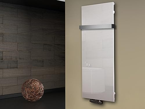 Badheizkörper mit Glas Design Montevideo 2 (Glasfront) 120x47cm 799Watt weiß (+1 Halter 50mm) SZAGATO Handtuchwärmer Handtuchtrockner Handtuchhalter Paneelheizkörper vertikal Flachheizkörper von Szagato