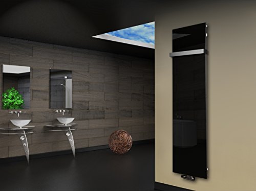 Badheizkörper mit Glas Design Montevideo 3 Glasfront 180x47cm 1118 Watt schwarz (+1 Halter 50mm) SZAGATO Handtuchwärmer Handtuchtrockner Handtuchhalter Paneelheizkörper vertikal Mittelanschluß von Szagato