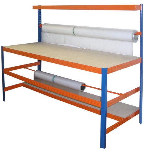 Profi-Verpackungsstation 1, HxBxT: 150x180x70 cm, 300 KG/Holzboden, blau/orange (Packtisch Rollenhalter Arbeitstisch Werktisch) von Szagato