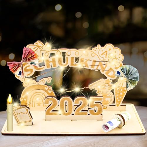 Einschulung Geldgeschenk aus Holz mit LED Lichterkette - Endlich Schulkind - Einschulungsgeschenk für Junge Mädchen, Schulanfang Geld Geschenk Tischdeko mit ABC 123 Kreative Schultüte Füllung (DIY) von Szhhrxi