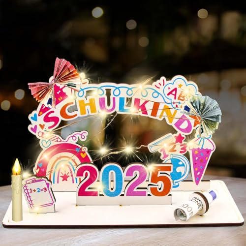 Einschulung Geldgeschenk aus Holz mit LED Lichterkette - Endlich Schulkind - Einschulungsgeschenk für Junge Mädchen, Schulanfang Geld Geschenk Tischdeko mit ABC 123 Kreative Schultüte Füllung (Fb) von Szhhrxi
