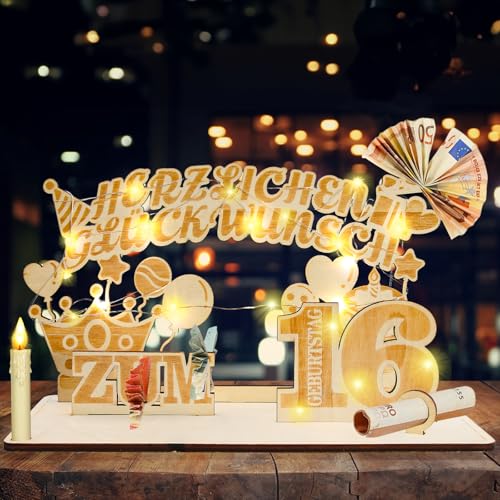 Szhhrxi 2025 Originelle 16. Geburtstag Geldgeschenke mit LED Lichterkette, Geburtstag Deko für Mann Frau Geldgeschenke, Geschenke zum 16 Geburtstag, Holz-Schild Gästebuch, Alles Gute zum 16 (16) von Szhhrxi