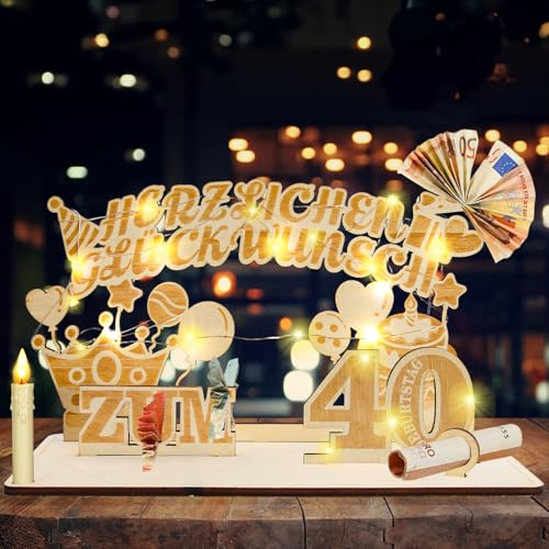 Szhhrxi 2025 Originelle 40. Geburtstag Geldgeschenke mit LED Lichterkette, Geburtstag Deko für Mann Frau Geldgeschenke, Geschenke zum 40 Geburtstag, Holz-Schild Gästebuch, Alles Gute zum 40 (40) von Szhhrxi
