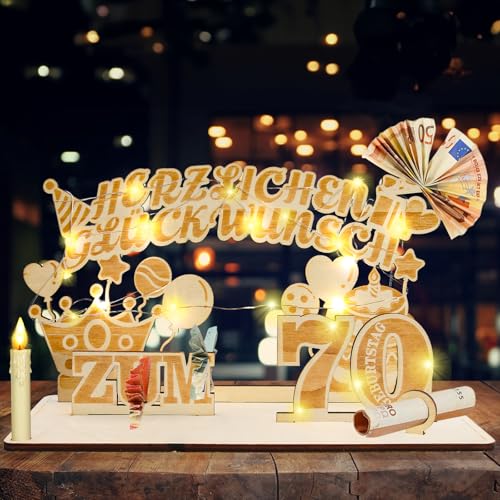 Szhhrxi 2025 Originelle 70. Geburtstag Geldgeschenke mit LED Lichterkette, Geburtstag Deko für Mann Frau Geldgeschenke, Geschenke zum 70 Geburtstag, Holz-Schild Gästebuch, Alles Gute zum 70 (70) von Szhhrxi