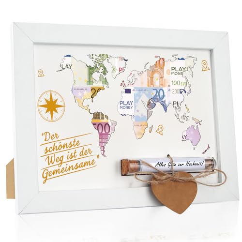 Szhhrxi Weltkarte Geldgeschenke Hochzeit Geldgeschenk Bilderrahmen, Geldgeschenk für Reise Flitterwochen, Hochzeitsgeschenke für Brautpaar Geld, Hochzeitsgeschenk Verpackung mit Weltkarte von Szhhrxi