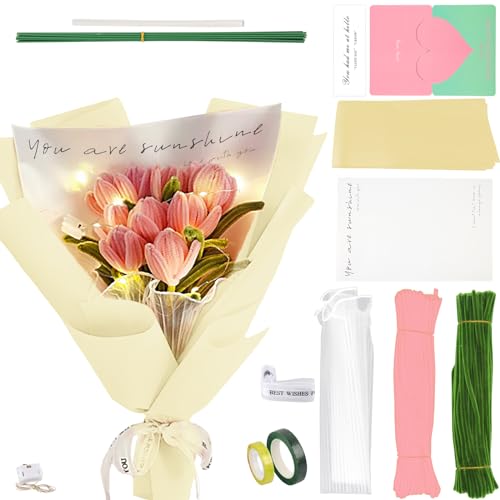 Tulpenstrauß Blumenstrauß Pfeifenreiniger Set mit Pfeifenputzer Bunt, Pfeifenputzer Blumenstrauß zum Bastel, Pipe Cleaner mit Blumendraht und Blumenband für Tulpenstrauß Bastelprojekte (rosa) von Szhhrxi