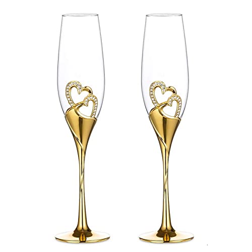 1 Set (2-teilig) Kreative hochwertige Weingläser Gläser mit Fuß farbige Emaille Kristiall Diamant-besetzt herzförmig Liebespaar Hochzeit 2er Set Gläser romatische Sektgläser Geschenk Haus Deko, Gold von Sziqiqi