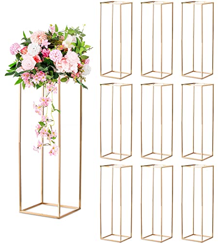 Sziqiqi 10 Stück Goldvasen für Hochzeit Herzstück Tische, Metall Blumenboden Vase Säule Blumenständer Hohe Geometrische Blumenvase, Rechteckige Blumen Display Rack für Zuhause Party Hochzeit, 80cm von Sziqiqi