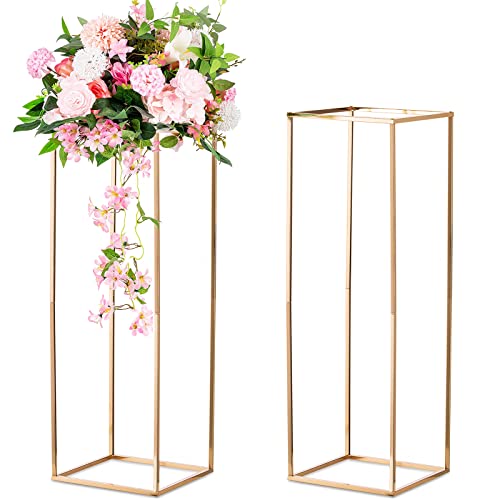 Sziqiqi 2 Stück Hochzeit Mittelstücke Gold Vasen- Hoch Blumenständer Metall Bodenvase Säule Geometrische Mittelstücke Steht Rechteckiges Display Rack für Hochzeiten Partydekoration, 80cm von Sziqiqi