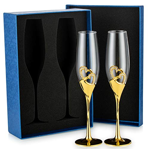 Sziqiqi 2 Stücke Kreative Sektgläser Weingläser Gläser mit Geschenkbox Kristiall Diamant Besetzt Herzförmig Liebespaar Hochzeit 2er Set Gläser Romatische Sektgläser Gold von Sziqiqi