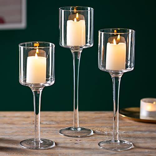 Sziqiqi 3 Stück Teelichthalter Glas - Elegante Kerzenständer Hohe Kerzenhalter Stumpenkerzen Windlichter Tischdekoration für Hochzeit Esstisch Badezimmer Geburtstag Party Deko von Sziqiqi