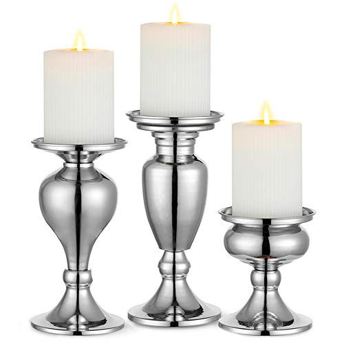 Sziqiqi 3er Set Kerzenleuchter Kerzenständer Schwarz Vintage Kerzenhalter Windlichthalter aus Metall Kerzenhalter für Stumpenkerzen, Kerzenständer Dekoration für Hochzeit Party, Silber von Sziqiqi