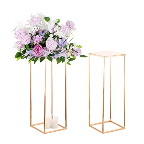 Sziqiqi 60cm Metall Goldene Rechteckige Vasen mit Platte Hochzeits Tisch – 2 Stück Hoch Vase Blumensäulenständer für Blumenarrangements, Große Blumenvasen für Hochzeitsfeiern Straßenführungen von Sziqiqi