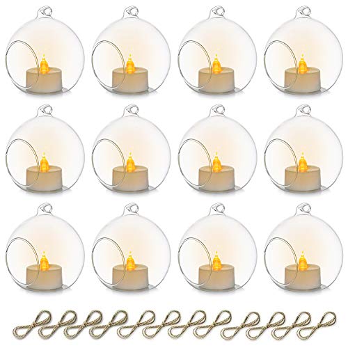 Sziqiqi 8cm Windlicht Hängend Glas Teelichter Halter 12 Stücke Kerzenleuchter Glasanhänger mit LED Kerze, Hängende Glasball Kerzenhalter Kerzenständer für Hochzeits Party Tisch Weihnachts Garten Deko von Sziqiqi