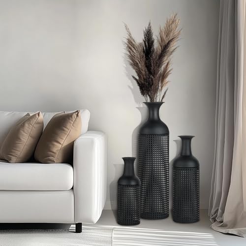 Sziqiqi Bodenvase Groß Schwarz Hohe: Extra Große Bodenvasen für Wohnzimmer 68/51/41cm - Metall Dekorative Bodenvase Set von 3 - Modern Oversized Bodenvase für Schlafzimmer Küche Kamin Ecke von Sziqiqi
