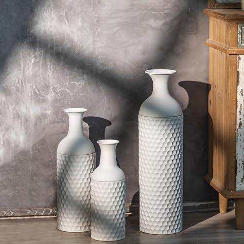 Sziqiqi Bodenvase Groß Weiß: 68/51/41 cm Hohe Metall Bodenvasen Set of 3 Extra Große Bodenvasen für Pampasgras Moderne Bodenvase mit Wabenstruktur für Wohnzimmer Kamin Flur Ecke Büro von Sziqiqi