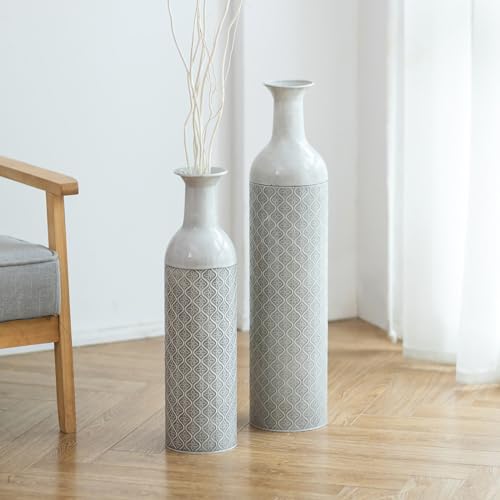 Sziqiqi Groß Bodenvase für Blumen - 55/70cm Extra Hohe Boden Vase Set von 2 Gross Metall Glasierte Vasen für Pampas Gras Zweige Vintage Grau Große Vase für Wohnzimmer Schlafzimmer Zuhause von Sziqiqi