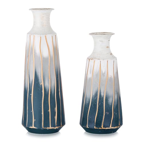 Sziqiqi Gross Metall Vasen - Blau Weiß Ocean Style Vase Set von 2 Modernen Hohe Blumenvase für Tisch Wohnzimmer Große Zylinder Vasen für Pampasgras Trockenblumen Zweige Wicker von Sziqiqi