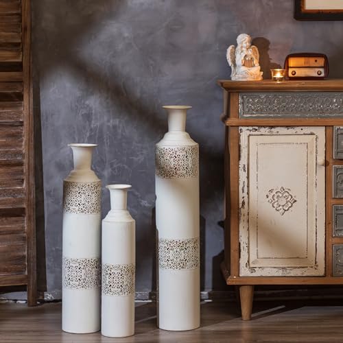 Sziqiqi Große Boden Vase Weiß - 83/68/55cm Metall Bodenvase Set von 3 Vintage vasen für Pampas Zweige Kunstblume Hohe dekorative Vase für Wohnzimmer Schlafzimmer Schornstein von Sziqiqi