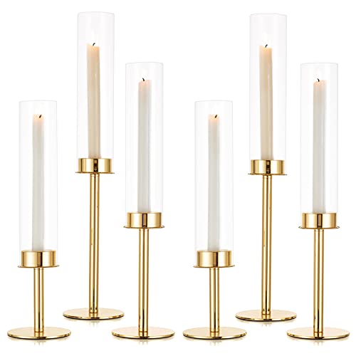 Sziqiqi Kerzenhalter Kerzenständer Gold Metall für Hochzeitstisch Mittelstücke - 48cm Hoch Kerzenständer 6er Set Windlicht Kerzenhalter Stabkerze mit Glas für Esszimmer Kaffee Tischdekoration von Sziqiqi