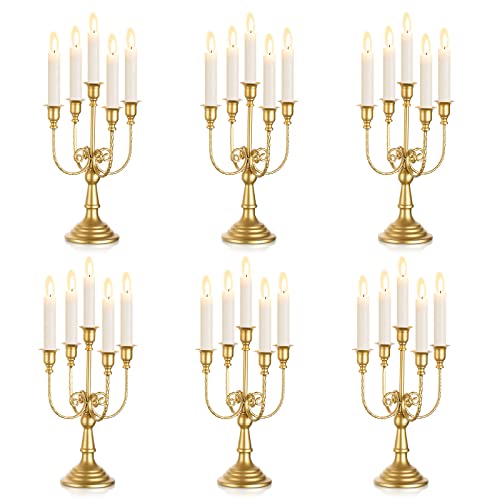 Sziqiqi Kerzenhalter aus Metall, goldfarben, Set mit 6 - 5-armigen Metall-Kerzenhaltern für Stabkerzen für Tafelaufsätze, Tisch, Hochzeit, Weihnachten, Kamin, Dekoration, Geburtstag von Sziqiqi